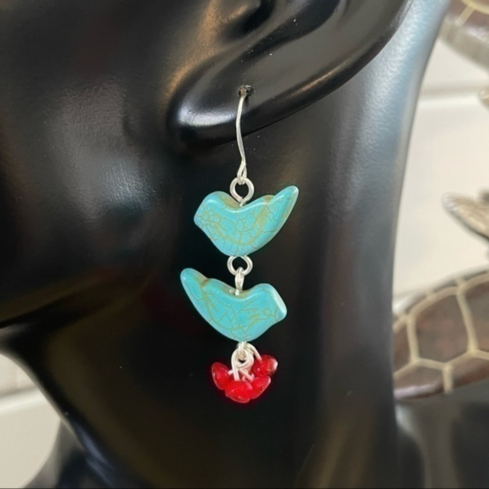 2/$29 Handmade Bird Statement Earring 2” Turquoise Magnesite Spring Blue Red